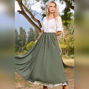 Scarlet Darkness Renaissance Elastic Waist Double-Layer Lace Hem Skirt Green